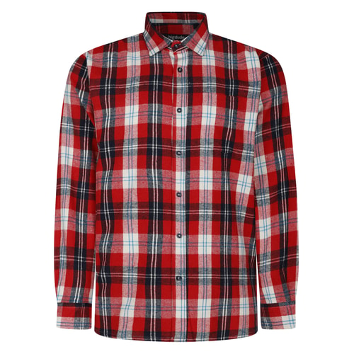 Front view of red checked long sleeve flannel shirt.
